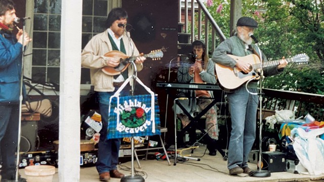 The Highland Weavers at the Shelburne Museum, circa 1991, from left: Robert Resnik, Tim Whiteford, Lucie Whiteford and Marty Morrissey - COURTESY OF LUCIE WHITEFORD