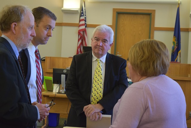 David Williams and Brooks McArthur, attorneys for Sen. Norm McAllister, (left) talk with Franklin County State’s Attorney Jim Hughes and Deputy State’s Attorney Diane Wheeler. - TERRI HALLENBECK