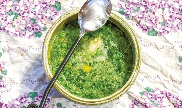 Suzanne Podhaizer's spinach-nettle soup with cr&egrave;me fra&icirc;che - COURTESY OF SUZANNE PODHAIZER