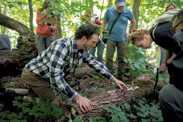 Ari Rockland-Miller (left) pointing out saprophytic (decomposer) mushrooms on a downed log to Tamara Densmore (right) and Eric Tieman (center), both of New York City - DARIA BISHOP