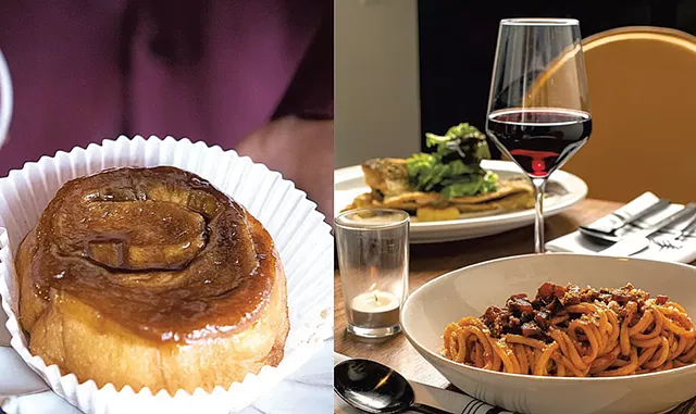 From left: Cinnamon bun at - Haymaker Bun; bucatini Amatriciana - at the Arcadian - FILE: CALEB KENNA