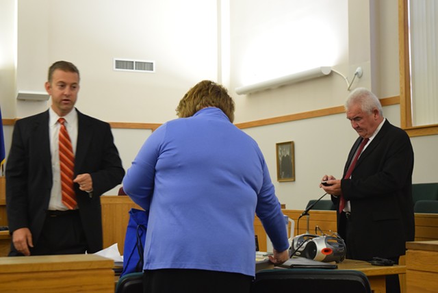 Defense attorney Brooks McArthur confers with Franklin County Deputy State's Attorney Diane Wheeler and State's Attorney Jim Hughes. - TERRI HALLENBECK