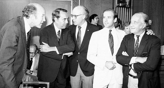 Patrick Leahy (center) with senators Alan Simpson, Bob Dole, Joe Biden and Charles Mathias in 1975 - COURTESY OF SEN. LEAHY'S OFFICE