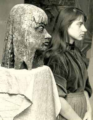 Elka Schumann profile with sculpted portrait, 1958 - COURTESY