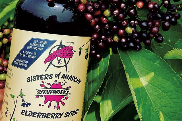 Sisters of Anarchy elderberry syrup with an elderberry plant - COURTESY