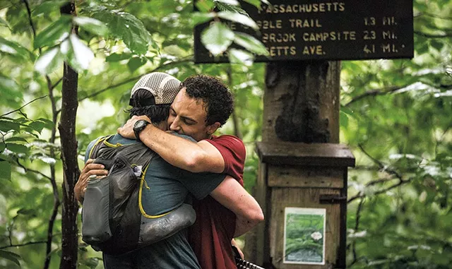 Ben Feinson hugging his friend Owen Rachampbell at the end of his record-setting Long Trail hike - COURTESY OF LANCE PITCHER