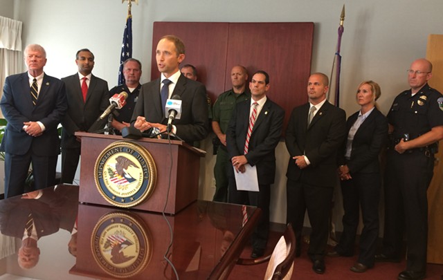 U.S. Attorney Eric Miller is joined by local and federal law enforcement officials during a press conference in Burlington. - MARK DAVIS