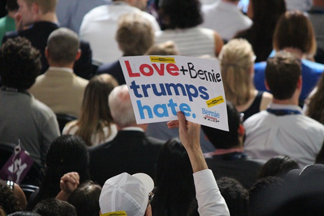 A Bernie Sanders supporter Monday night at the Democratic National Convention in Philadelphia - PAUL HEINTZ