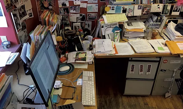 Publisher Paula Routly's desk at Seven Days, frozen in time - PAULA ROUTLY ©️ SEVEN DAYS