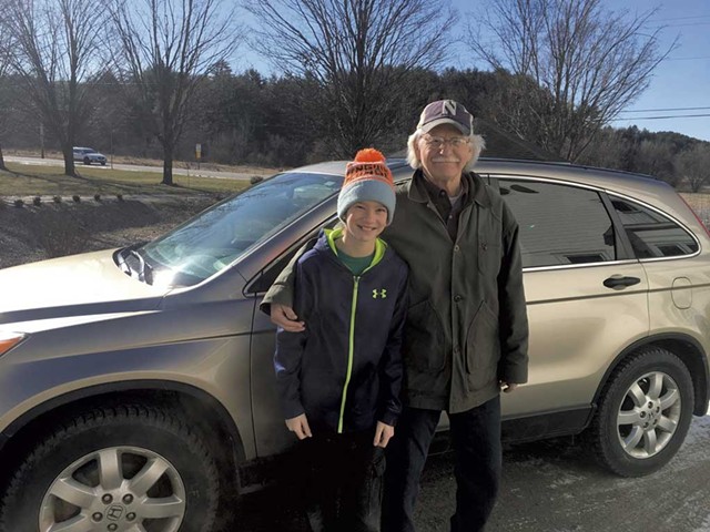 Tom Thompson with grandson Owen heading out on their last Meals on Wheels delivery in April - KIRSTEN CHENEY