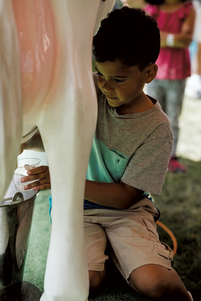 Amani Yates, 9, of Rouses Point, N.Y., tries his hand at the milking machine. - SAM SIMON
