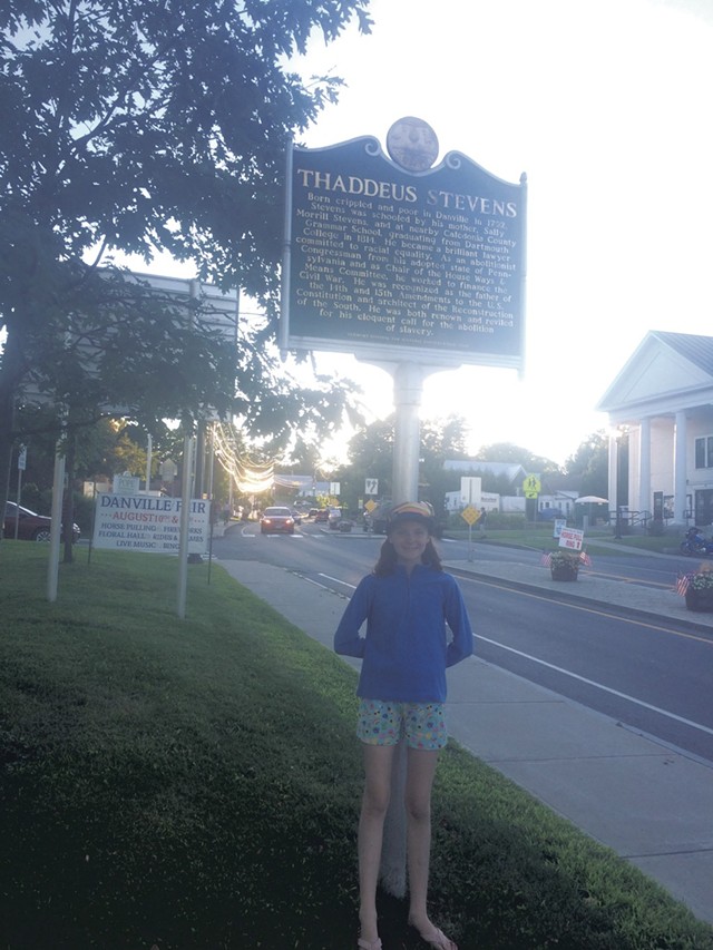 Somerset Pierce visiting the Thaddeus Stevens historical marker, on Vermont's African-American Heritage Trail (Activity 9)