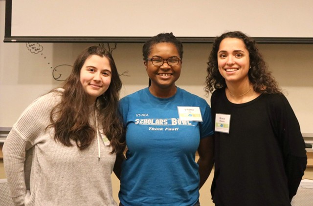 Brain Bee winner Vilena Lee (center) with second place finisher Isabelle Petrucci of Essex High School (left) and third place finisher Grace Widelitz of Middlebury Union High School - COURTESY OF LISA BERNARDIN