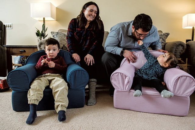 Brittany Willette, 33, and Jeremy Willette, 37, at home with son Henry, 4, and daughter Evelyn, 1 - SAM SIMON
