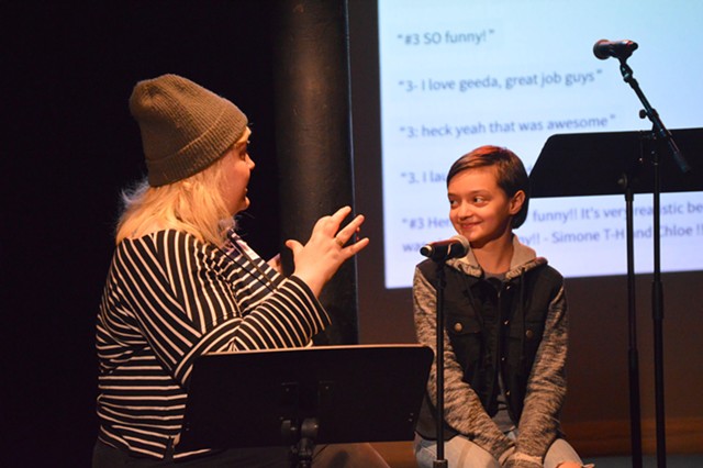 Mimi Lodestone, right, with Kat Redniss, discussing "The Lie" - COURTESY OF VERMONT YOUNG PLAYWRIGHTS