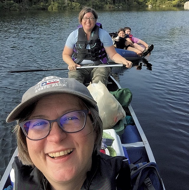 Cathy, Ann-Elise, Ginger, Ivy and Graham at Kettle Pond in 2018 - CATHY RESMER