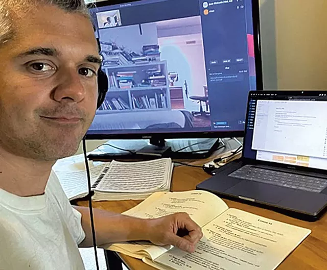 Trumpet instructor Jason Whitcomb, ready for a virtual lesson - COURTESY OF BENJAMIN ROESCH