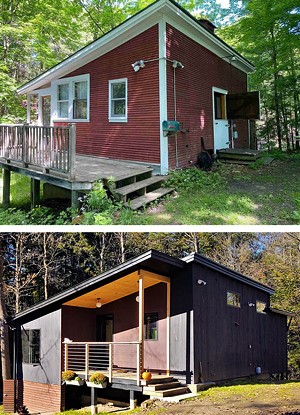Before and After: Ward Joyce's "industrial-chic" aesthetic is on full display in this view of the front porch, showcasing the mix of black siding, horizontal wooden slats, steel bars and cold-rolled steel. - COURTESY OF WARD JOYCE