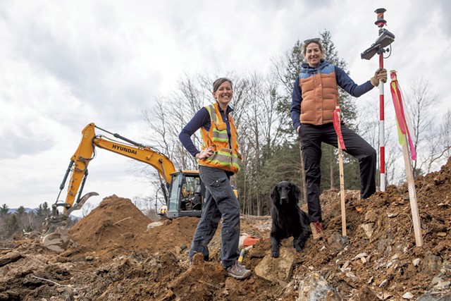Surveyor Rebecca Gilson (left) and survey technician Camilla Mahon with dog Peso on-site in Stowe - LUKE AWTRY