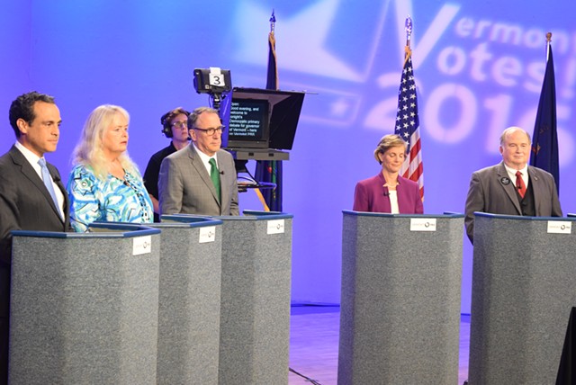 From left, Democratic candidates for governor: Matt Dunne, Cris Ericson, Peter Galbraith, Sue Minter and H. Brooke Paige at a debate Tuesday at Vermont PBS. - TERRI HALLENBECK