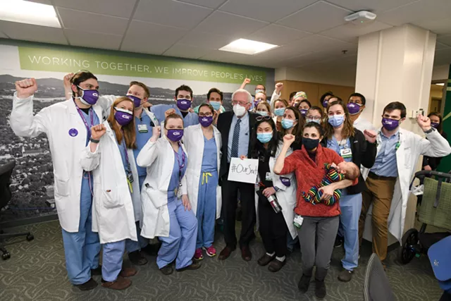 Sen. Bernie Sanders (I-Vt.) joins UVM Medical Center physician residents at the Burlington hospital earlier this month - COURTESY OF DAVID SEAVER