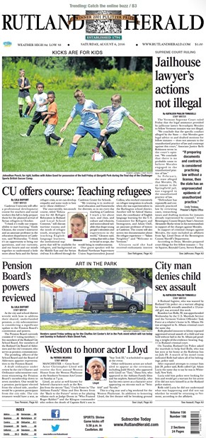 The front page of the Rutland Herald on Saturday, August 6, 2016 - SCREENSHOT