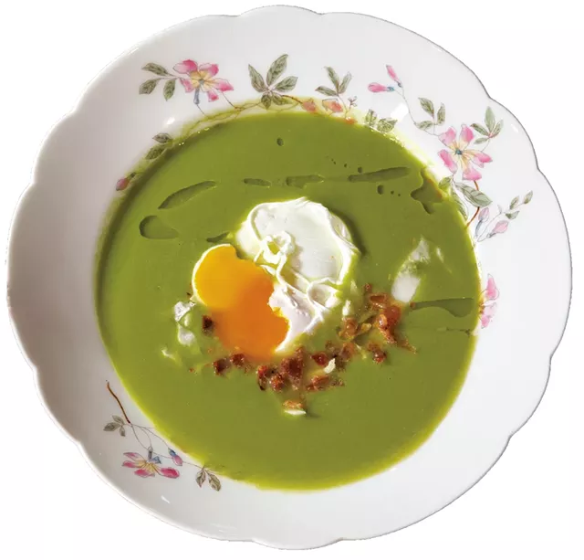 Green Pea and Asparagus Soup with Poached Egg - ANDY BRUMBAUGH