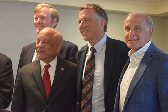 Republicans on Wednesday rallied for party unity. From left to right: Scott Milne, U.S. Senate candidate; Randy Brock, lieutenant governor candidate; Phil Scott, candidate for governor; and Bruce Lisman. - TERRI HALLENBECK