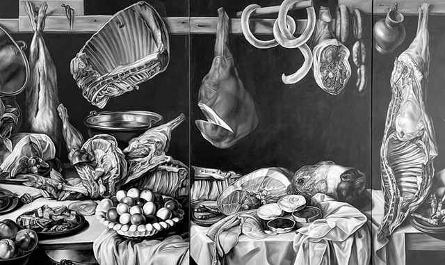 Detail of "Meat (after Snyders, Beuckelaer, Aertsen, van Schooten, Desportes, Claesz, van Aelst, de Heem, Melendez, F. van Dyck, Empoli and Peeters)" by Shelley Reed - COURTESY