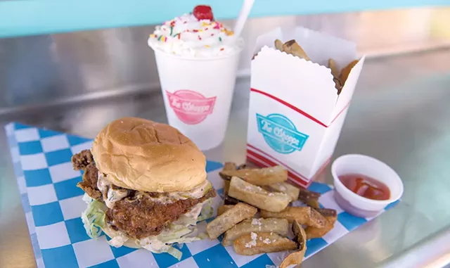 Fried chicken sandwich, milkshake and fries at the Shoppe Food Truck - DARIA BISHOP