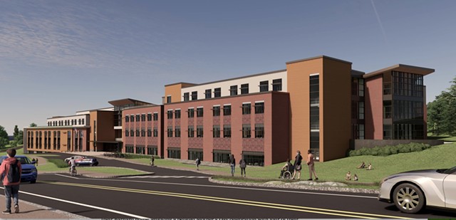 A rendering of a new Burlington High School and Technical Center, looking northwest - COURTESY OF BURLINGTON SCHOOL DISTRICT ©️ SEVEN DAYS
