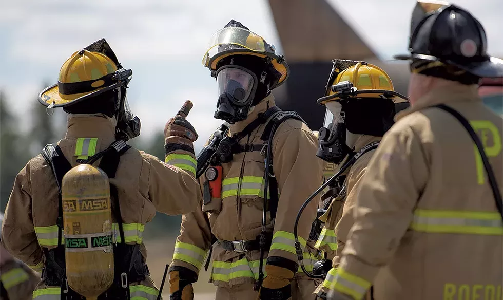 Members of the fire department for the 158th Fighter Wing of Vermont Air National Guard participating in an annual live fire training in New Hampshire - COURTESY OF VTANG