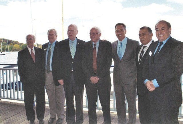 Left to right: Congressman Peter Welch, Bill Stenger, Sen. Patrick Leahy, Sen. Bernie Sanders, Gov. Peter Shumlin, Ariel Quiros and William Kelly in Newport in September 2012 - COURTESY OF BILL STENGER