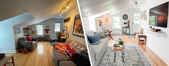 Before and after of a The living room of a Burlington Airbnb called the Aviary that Juliet Palmer helped design - COURTESY OF JULIET PALMER