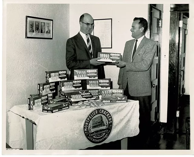 George Edson's father, Landale Edson (left), in 1952 with Cross Baking crackers - COURTESY