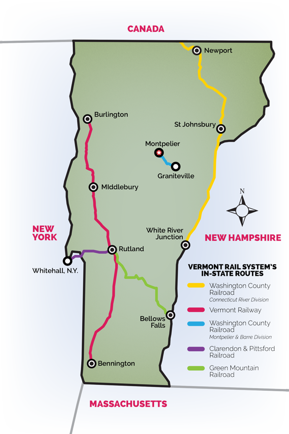 Vermont Rail System's in-state routes - GRAPHIC: JOHN JAMES ©️ SEVEN DAYS