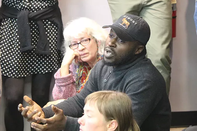 Edwin Owusu addresses a Black Lives Matter-Vermont meeting Monday in Winooski - PAUL HEINTZ