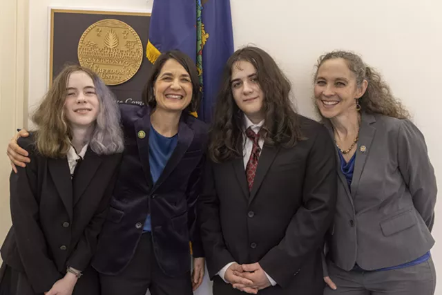 Becca Balint with daughter Sarah, left, son Abe and wife Elizabeth Wohl, far right - JAMES BUCK