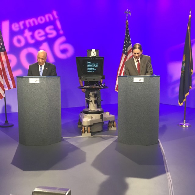 Republican Randy Brock (left) and Progressive/Democrat David Zuckerman, candidates for lieutenant governor, debate Thursday at Vermont PBS. - TERRI HALLENBECK