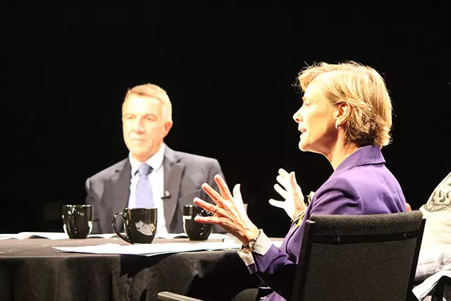 Phil Scott and Sue Minter at a forum Monday in Burlington - PAUL HEINTZ