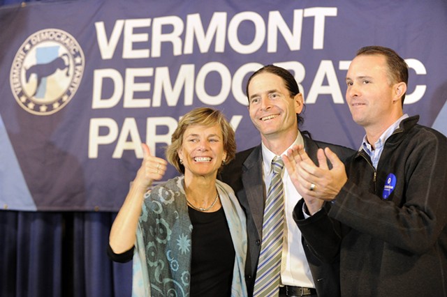 Sue Minter, Democratic candidate for governor; David Zuckerman, Progressive/Democratic candidate for lieutenant governor; and T.J. Donovan, Democratic candidate for attorney general at Friday's Montpelier rally - JEB WALLACE-BRODEUR/SEVEN DAYS