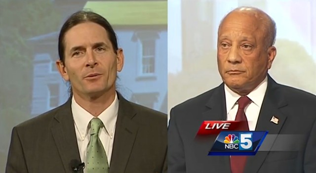 David Zuckerman, left, and Randy Brock at a My NBC5 debate Monday in Burlington - SCREENSHOT