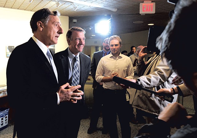 Far left: Gov. Peter Shumlin and governor-elect Phil Scott - JEB WALLACE-BRODEUR