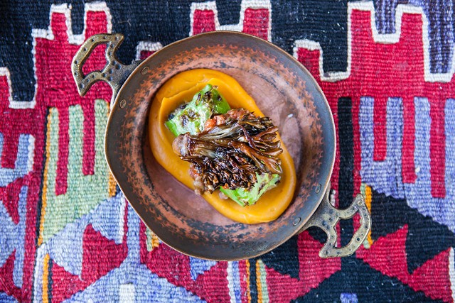 Lamb and cabbage sarma with sweet potato purée and crispy hen-of-the-woods mushrooms - COURTESY OF ALIZA ELIAZAROV
