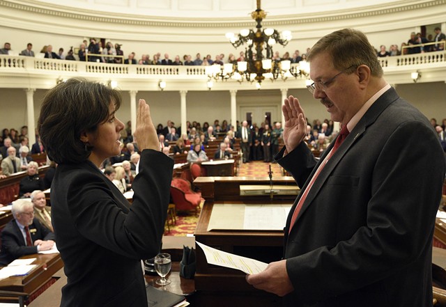 Rep. Mitzi Johnson (D-South Hero) is sworn in as House speaker Wednesday by Secretary of State Jim Condos. - JEB WALLACE-BRODEUR