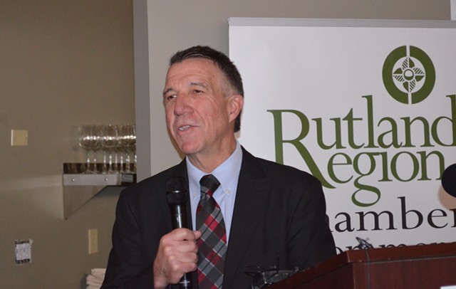 Gov. Phil Scott addresses business leaders Monday in Rutland. - ALICIA FREESE