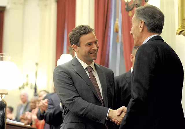 Tim Ashe greets outgoing Gov. Peter Shumlin - FILE: JEB WALLACE-BRODEUR