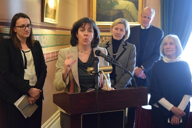 House Speaker Mitzi Johnson (D-South Hero) joins other House leaders at a Statehouse press conference Wednesday. - TERRI HALLENBECK