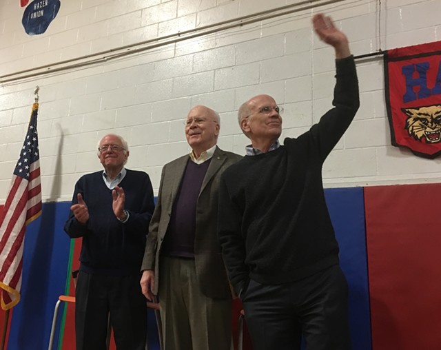 Sen. Bernie Sanders, Sen. Patrick Leahy and Congressman Peter Welch greet a crowd on Saturday in Hardwick. - JOHN WALTERS