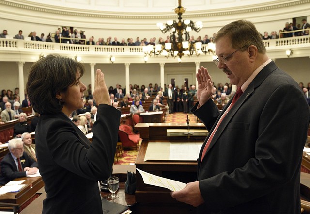 House Speaker Mitzi Johnson taking her oath of office in January with Secretary of State Jim Condos - FILE: JEB WALLACE-BRODEUR